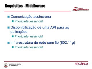 UNIVERSIDADE FEDERAL
DE PERNAMBUCO
cin.ufpe.br
Requisitos - Middleware
Comunicação assíncrona
Prioridade: essencial
Disponibilização de uma API para as
aplicações
Prioridade: essencial
Infra-estrutura de rede sem fio (802.11g)
Prioridade: essencial
 