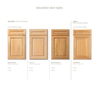 decorative door styles
Solid Wood - Miter Full Overlay
Flat center panel Flat center panel
Veneer -
Miter Standard Overlay
burnham
(shown in maple natural)
maple
cherry
Villa
(shown in maple natural)
maple
cherry
jamison
(shown in maple natural)
maple
cherry
mackenzie
(shown in cherry natural)
maple
cherry
 