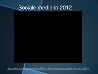 Sociale media in 2012




http://www.youtube.com/watch?NR=1&feature=endscreen&v=0eUeL3n7fDs
 