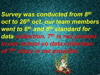 Survey was conducted from 8th
oct to 26th oct. our team members
went to 6th and 8th standard for
data collection. 7th is not present
in our school so data collection
of 7th class is not possible.
 