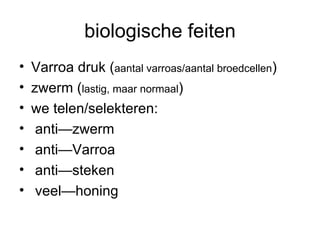 biologische feiten Varroa druk ( aantal varroas/aantal broedcellen )   zwerm ( lastig, maar normaal ) we telen/selekteren: anti—zwerm anti—Varroa anti—steken veel—honing 
