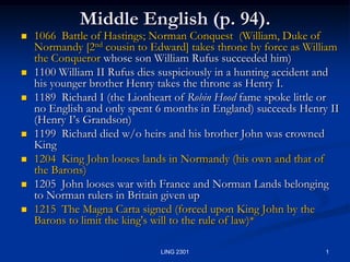 1 LING 2301 Middle English (p. 94). 1066  Battle of Hastings; Norman Conquest  (William, Duke of Normandy [2nd cousin to Edward] takes throne by force as William the Conqueror whose son William Rufus succeeded him) 1100 William II Rufus dies suspiciously in a hunting accident and his younger brother Henry takes the throne as Henry I.  1189  Richard I (the Lionheart of Robin Hood fame spoke little or no English and only spent 6 months in England) succeeds Henry II (Henry I’s Grandson) 1199  Richard died w/o heirs and his brother John was crowned King 1204  King John looses lands in Normandy (his own and that of the Barons) 1205  John looses war with France and Norman Lands belonging to Norman rulers in Britain given up 1215  The Magna Carta signed (forced upon King John by the Barons to limit the king's will to the rule of law)* 