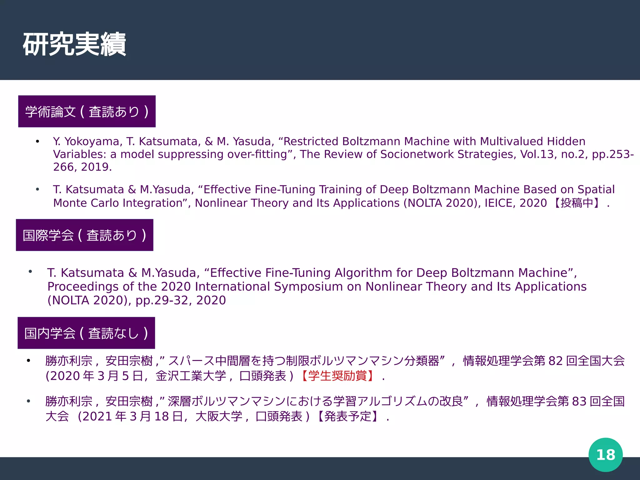18
研究実績
●
Y
. Yokoyama, T. Katsumata, & M. Yasuda, “Restricted Boltzmann Machine with Multivalued Hidden
Variables: a model suppressing over-fitting”, The Review of Socionetwork Strategies, Vol.13, no.2, pp.253-
266, 2019.
●
T. Katsumata & M.Yasuda, “Effective Fine-Tuning Training of Deep Boltzmann Machine Based on Spatial
Monte Carlo Integration”, Nonlinear Theory and Its Applications (NOLTA 2020), IEICE, 2020 【投稿中】 .
国内学会 ( 査読なし )
●
勝亦利宗 , 安田宗樹 ,” スパース中間層を持つ制限ボルツマンマシン分類器”，情報処理学会第 82 回全国大会
(2020 年 3 月 5 日，金沢工業大学 , 口頭発表 ) 【学生奨励賞】 .
●
勝亦利宗 , 安田宗樹 ,” 深層ボルツマンマシンにおける学習アルゴリズムの改良”，情報処理学会第 83 回全国
大会 (2021 年 3 月 18 日，大阪大学 , 口頭発表 ) 【発表予定】 .
国際学会 ( 査読あり )
• T. Katsumata & M.Yasuda, “Effective Fine-Tuning Algorithm for Deep Boltzmann Machine”,
Proceedings of the 2020 International Symposium on Nonlinear Theory and Its Applications
(NOLTA 2020), pp.29-32, 2020
学術論文 ( 査読あり )
 