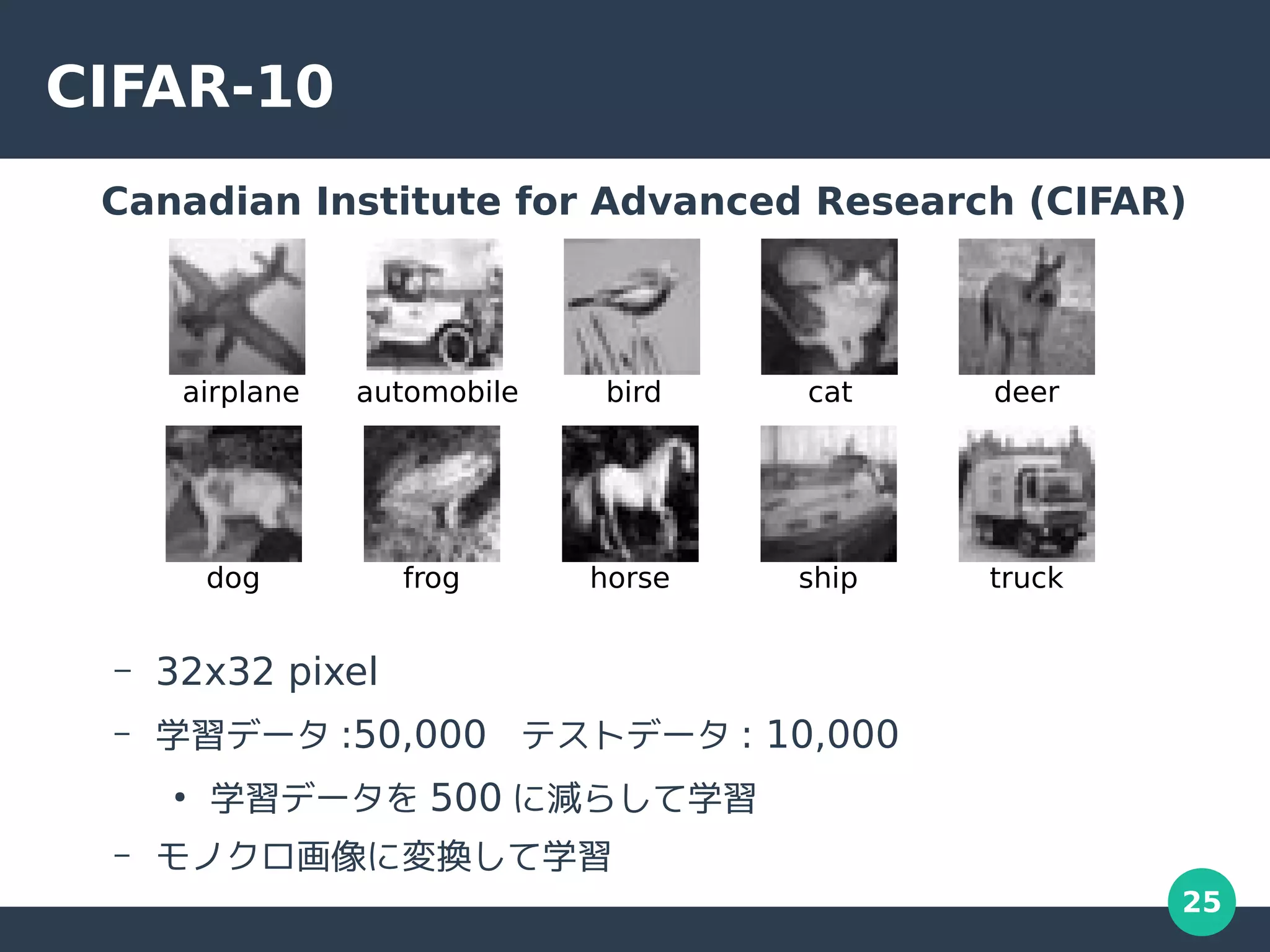 25
CIFAR-10
Canadian Institute for Advanced Research (CIFAR)
– 32x32 pixel
– 学習データ :50,000 テストデータ : 10,000
●
学習データを 500 に減らして学習
– モノクロ画像に変換して学習
ship truck
dog horse
airplane automobile deer
cat
bird
frog
 