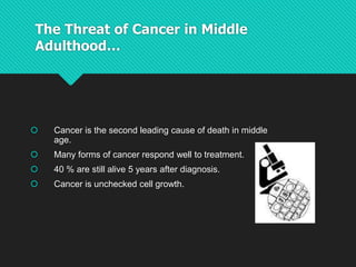 Cancer in Middle Adulthood, continued
 Cancer is associated with several risk factors.
 Genetics (family history of canc...