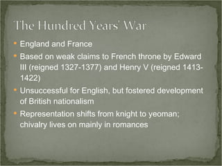 England and France Based on weak claims to French throne by Edward III (reigned 1327-1377) and Henry V (reigned 1413-1422) Unsuccessful for English, but fostered development of British nationalism Representation shifts from knight to yeoman; chivalry lives on mainly in romances 