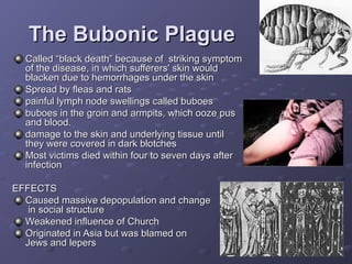 The Bubonic Plague
Called “black death” because of striking symptom
of the disease, in which sufferers' skin would
blacken due to hemorrhages under the skin
Spread by fleas and rats
painful lymph node swellings called buboes
buboes in the groin and armpits, which ooze pus
and blood.
damage to the skin and underlying tissue until
they were covered in dark blotches
Most victims died within four to seven days after
infection
EFFECTS
Caused massive depopulation and change
in social structure
Weakened influence of Church
Originated in Asia but was blamed on
Jews and lepers

 