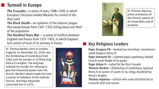 St. Thomas Aquinas,
priest and doctor of
the Church, patron of
all universities and of
students.
St. Thomas Becket, born in London,
England, on December 21, 1118, was
the Archbishop of Canterbury from
1162 until his murder in 1170 by King
Henry II’s knights. The king had
ordered his murder for refusing to
give the monarchy power over the
church. Becket’s death made him into
a martyr to followers of the Catholic
Church, and Pope Alexander
canonized him in 1173.
 