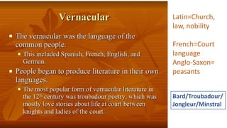 Latin=Church,
law, nobility
French=Court
language
Anglo-Saxon=
peasants
Bard/Troubadour/
Jongleur/Minstral
 