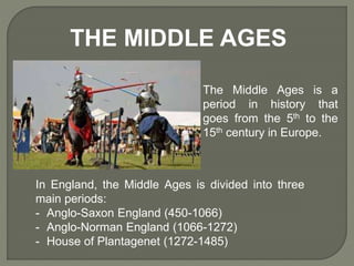 THE MIDDLE AGES
The Middle Ages is a
period in history that
goes from the 5th to the
15th century in Europe.
In England, the Middle Ages is divided into three
main periods:
- Anglo-Saxon England (450-1066)
- Anglo-Norman England (1066-1272)
- House of Plantagenet (1272-1485)
 