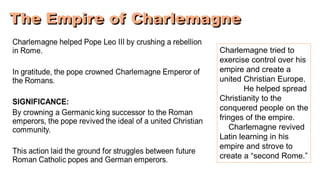 Charlemagne tried to 
exercise control over his 
empire and create a 
united Christian Europe. 
He helped spread 
Christianity to the 
conquered people on the 
fringes of the empire. 
Charlemagne revived 
Latin learning in his 
empire and strove to 
create a “second Rome.” 
 