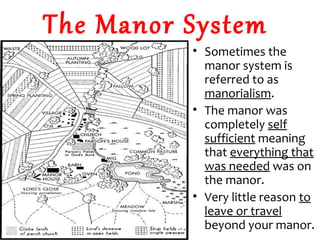 • Sometimes the
manor system is
referred to as
manorialism.
• The manor was
completely self
sufficient meaning
that everything that
was needed was on
the manor.
• Very little reason to
leave or travel
beyond your manor.
The Manor System
 