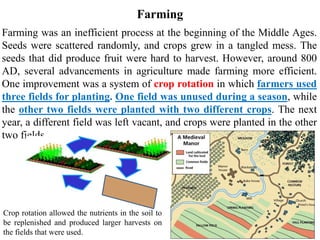 Farming
Farming was an inefficient process at the beginning of the Middle Ages.
Seeds were scattered randomly, and crops grew in a tangled mess. The
seeds that did produce fruit were hard to harvest. However, around 800
AD, several advancements in agriculture made farming more efficient.
One improvement was a system of crop rotation in which farmers used
three fields for planting. One field was unused during a season, while
the other two fields were planted with two different crops. The next
year, a different field was left vacant, and crops were planted in the other
two fields.
Crop rotation allowed the nutrients in the soil to
be replenished and produced larger harvests on
the fields that were used.
 