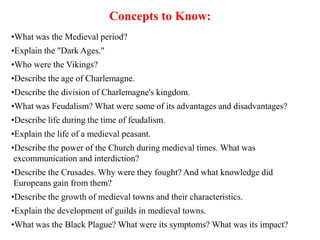 Concepts to Know:
•What was the Medieval period?
•Explain the "Dark Ages."
•Who were the Vikings?
•Describe the age of Charlemagne.
•Describe the division of Charlemagne's kingdom.
•What was Feudalism? What were some of its advantages and disadvantages?
•Describe life during the time of feudalism.
•Explain the life of a medieval peasant.
•Describe the power of the Church during medieval times. What was
excommunication and interdiction?
•Describe the Crusades. Why were they fought? And what knowledge did
Europeans gain from them?
•Describe the growth of medieval towns and their characteristics.
•Explain the development of guilds in medieval towns.
•What was the Black Plague? What were its symptoms? What was its impact?
 