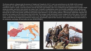 The Roman authority collapsed under the pressure of Vandals and Visigoths by 410 C.E. and a new period known as the DARK AGES emerged.
Throughout the years 400 and 1200 there was no form of centralized government authority, which caused nearly all roman laws, structures, and
economical systems to vanish. Local men of power were the only form of government, and it was a tyrannical one that exploited from its people, fought
among one another, and tried to seize territory any chance it got. Eventually, an authoritarian system was forcefully established, royals and aristocrats
were ranked according to hierarchical lineage, leaving peasants and slaves to farm and pay taxes in order to support the feudal pyramid. The only thing
between the two ends of the pyramid, and between the greedy tyrants themselves, was the military authority, which became significantly important and
powerful; and weapons were the main features that forced order. The strongest would clad himself in armor, strapped with swords, spears, or bows and
arrows. To protect civilians from attackers of another town or city, they built high walls around their homes, towns, and cities. Feudal lords with grand
castles would offer the enveloped towns protection with his army, and ultimately exploit all their resources. This systemic pattern provided centuries of
art, architecture, and design, all listed under one term: ROMANESQUE.
 