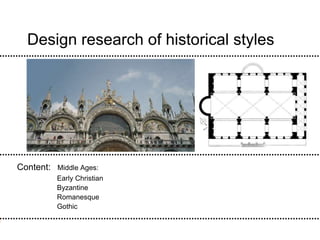 Design research of historical styles
Content: Middle Ages:
Early Christian
Byzantine
Romanesque
Gothic
 