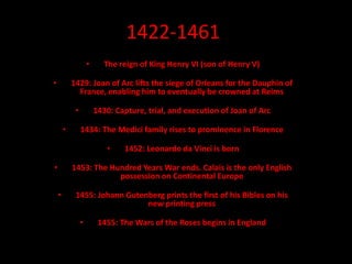 1422-1461
• The reign of King Henry VI (son of Henry V)
• 1429: Joan of Arc lifts the siege of Orleans for the Dauphin of
France, enabling him to eventually be crowned at Reims
• 1430: Capture, trial, and execution of Joan of Arc
• 1434: The Medici family rises to prominence in Florence
• 1452: Leonardo da Vinci is born
• 1453: The Hundred Years War ends. Calais is the only English
possession on Continental Europe
• 1455: Johann Gutenberg prints the first of his Bibles on his
new printing press
• 1455: The Wars of the Roses begins in England
 