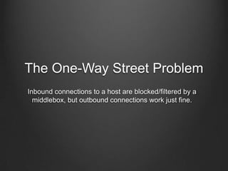 The One-Way Street Problem
Inbound connections to a host are blocked/filtered by a
  middlebox, but outbound connections work just fine.
 