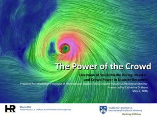May 6, 2016
Presented by: Cat Graham, Vice President Humanity Road
The Power of the CrowdThe Power of the Crowd
Overview of Social Media During Disaster
and Crowd Power in Disaster Response
Prepared for Middlebury Institute of International Studies (MIIS) Disaster Response/Resilience Seminar
Presented by Catherine Graham
May 6, 2016
Hashtag #HRHow
 