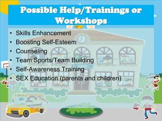 • Skills Enhancement
• Boosting Self-Esteem
• Counseling
• Team Sports/Team Building
• Self-Awareness Training
• SEX Education (parents and children)
 