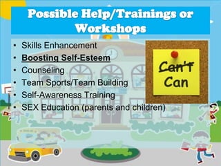 • Skills Enhancement
• Boosting Self-Esteem
• Counseling
• Team Sports/Team Building
• Self-Awareness Training
• SEX Education (parents and children)
 