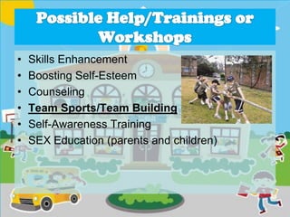 • Skills Enhancement
• Boosting Self-Esteem
• Counseling
• Team Sports/Team Building
• Self-Awareness Training
• SEX Education (parents and children)
 
