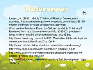 • Ionascu, N. (2010). Middle Childhood Physical Development
Activities. Retrieved from http://www.livestrong.com/article/255175-
middle-childhood-physical-development-activities/
• What are the Problems Faced by Children in Middle Childhood?
Retrieved from http://www.ehow.com/info_8353503_problems-
faced-children-middle-childhood.html#ixzz1gCu5BSqy
• http://www.livestrong.com/article/255175-middle-childhood-physical-
development-activities/#ixzz2Cca1QK94
• http://www.middlechildhoodmatters.ca/workshops-and-training/
• http://www.sagepub.com/upm-data/16297_Chapter_5.pdf
• http://www.examiner.com/article/middle-childhood-workshop-will-
explore-diversity-and-inclusion
• http://www.education.com/reference/article/Ref_Development_Ages/
?page=2
 