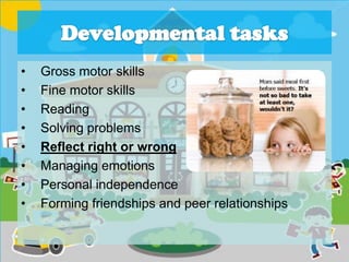 • Gross motor skills
• Fine motor skills
• Reading
• Solving problems
• Reflect right or wrong
• Managing emotions
• Personal independence
• Forming friendships and peer relationships
 