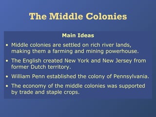 The Middle Colonies
Main Ideas
• Middle colonies are settled on rich river lands,
making them a farming and mining powerhouse.
• The English created New York and New Jersey from
former Dutch territory.
• William Penn established the colony of Pennsylvania.
• The economy of the middle colonies was supported
by trade and staple crops.

 