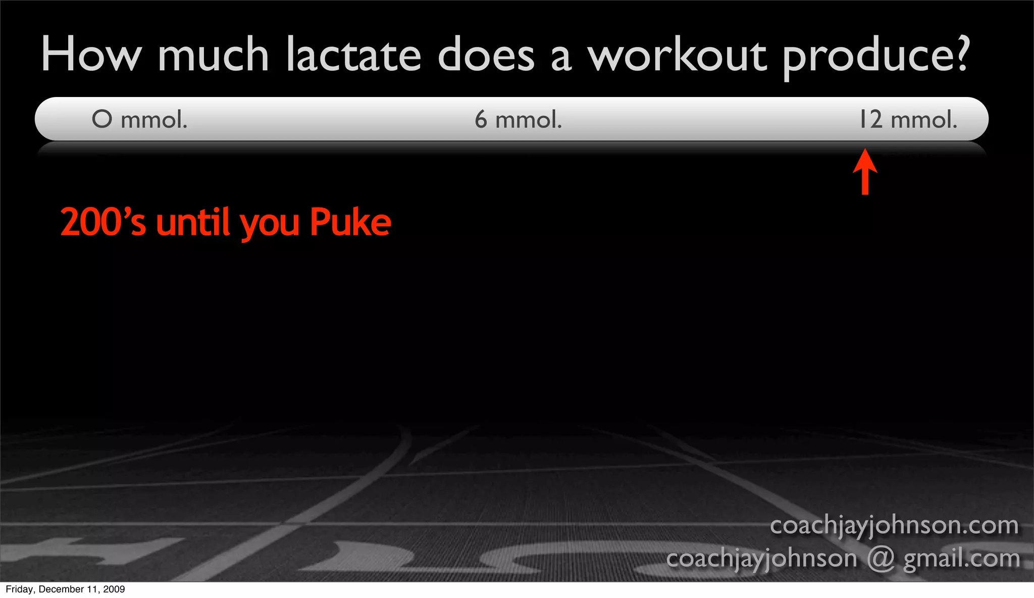 How much lactate does a workout produce?
                 O mmol.         6 mmol.                  12 mmol.



          200’s until you Puke




                                                    coachjayjohnson.com
                                           coachjayjohnson @ gmail.com
Friday, December 11, 2009
 
