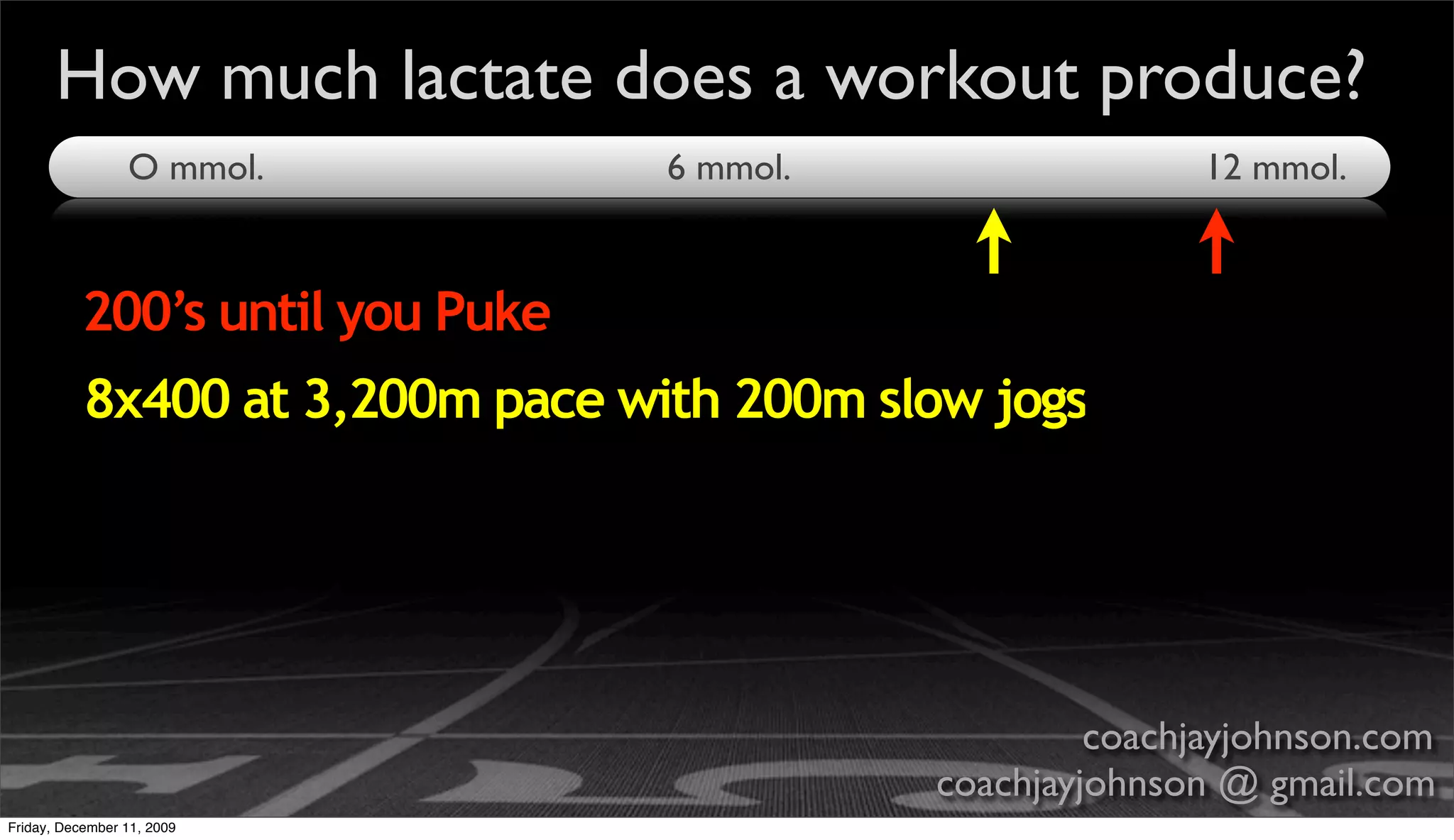 How much lactate does a workout produce?
                 O mmol.          6 mmol.                  12 mmol.



          200’s until you Puke
           8x400 at 3,200m pace with 200m slow jogs




                                                     coachjayjohnson.com
                                            coachjayjohnson @ gmail.com
Friday, December 11, 2009
 