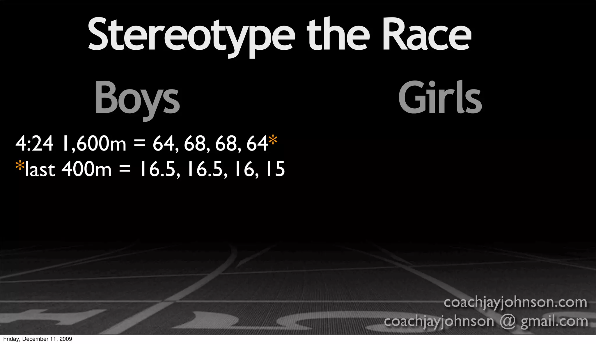 Stereotype the Race
                            Boys            Girls
    4:24 1,600m = 64, 68, 68, 64*
    *last 400m = 16.5, 16.5, 16, 15




                                                    coachjayjohnson.com
                                           coachjayjohnson @ gmail.com
Friday, December 11, 2009
 