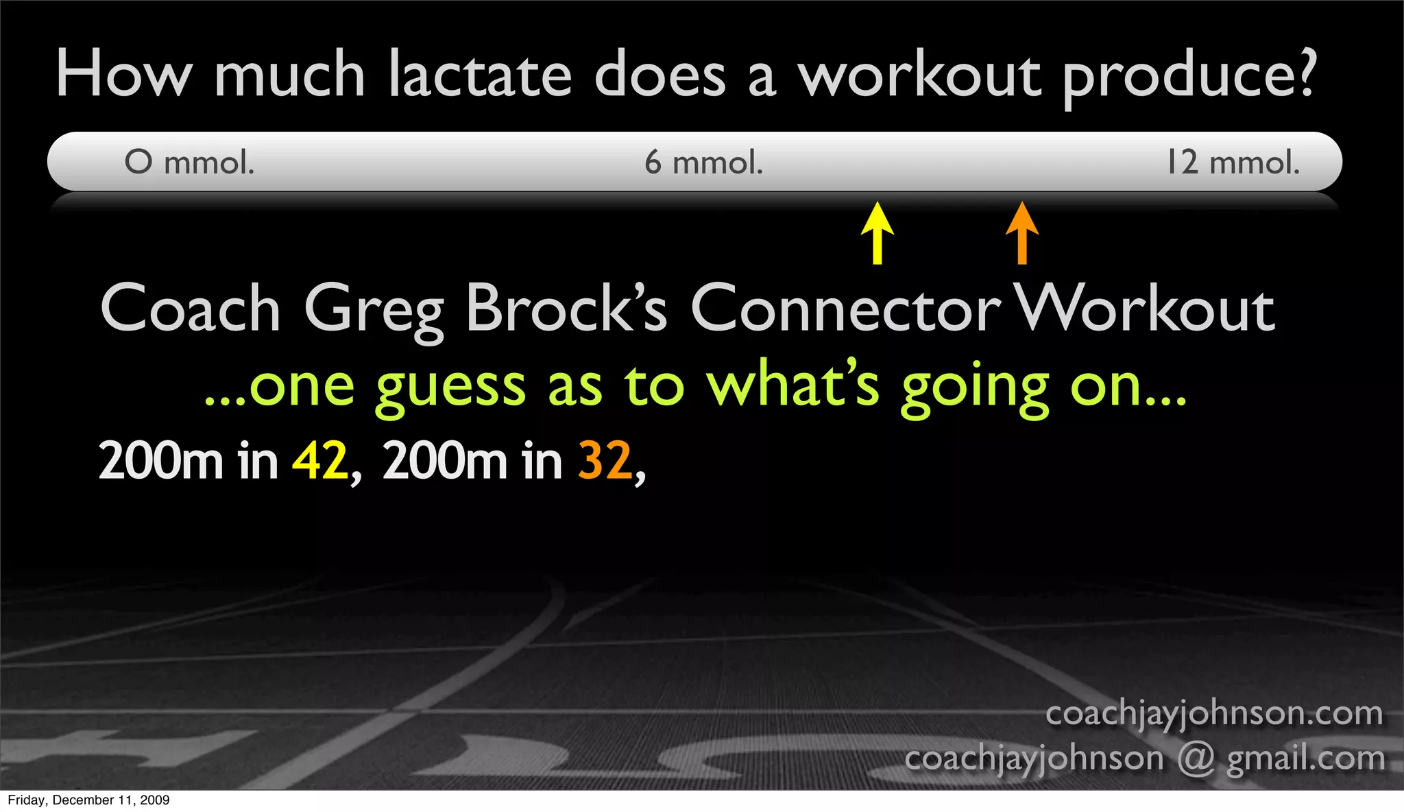 How much lactate does a workout produce?
                 O mmol.           6 mmol.                  12 mmol.



             Coach Greg Brock’s Connector Workout
                ...one guess as to what’s going on...
             200m in 42, 200m in 32,



                                                      coachjayjohnson.com
                                             coachjayjohnson @ gmail.com
Friday, December 11, 2009
 