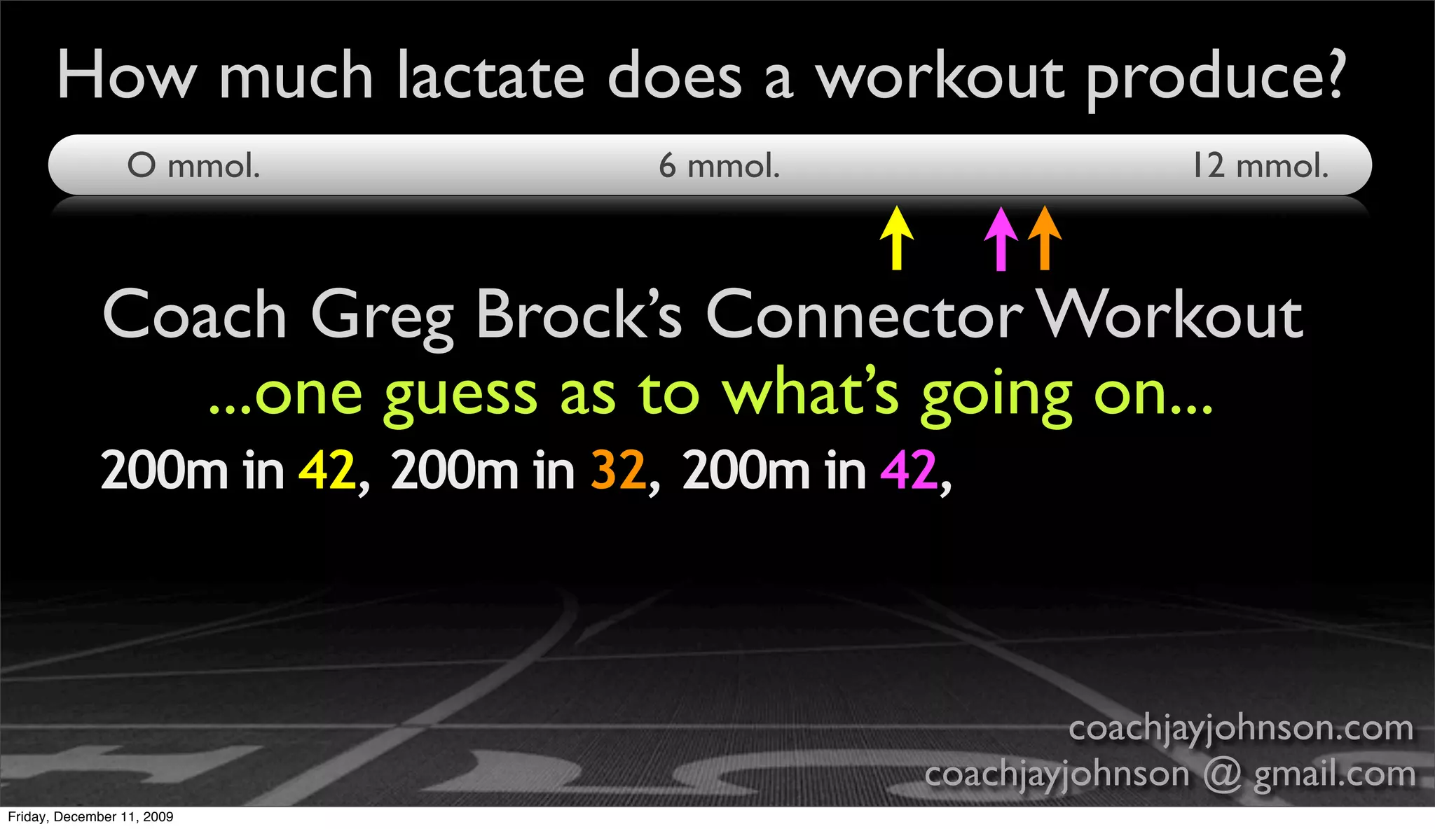 How much lactate does a workout produce?
                 O mmol.           6 mmol.                   12 mmol.



             Coach Greg Brock’s Connector Workout
                ...one guess as to what’s going on...
             200m in 42, 200m in 32, 200m in 42,



                                                       coachjayjohnson.com
                                              coachjayjohnson @ gmail.com
Friday, December 11, 2009
 