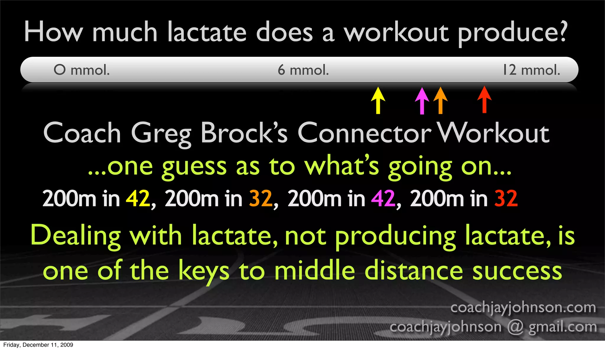 How much lactate does a workout produce?
                 O mmol.           6 mmol.                   12 mmol.



             Coach Greg Brock’s Connector Workout
                ...one guess as to what’s going on...
             200m in 42, 200m in 32, 200m in 42, 200m in 32
         Dealing with lactate, not producing lactate, is
          one of the keys to middle distance success
                                                       coachjayjohnson.com
                                              coachjayjohnson @ gmail.com
Friday, December 11, 2009
 
