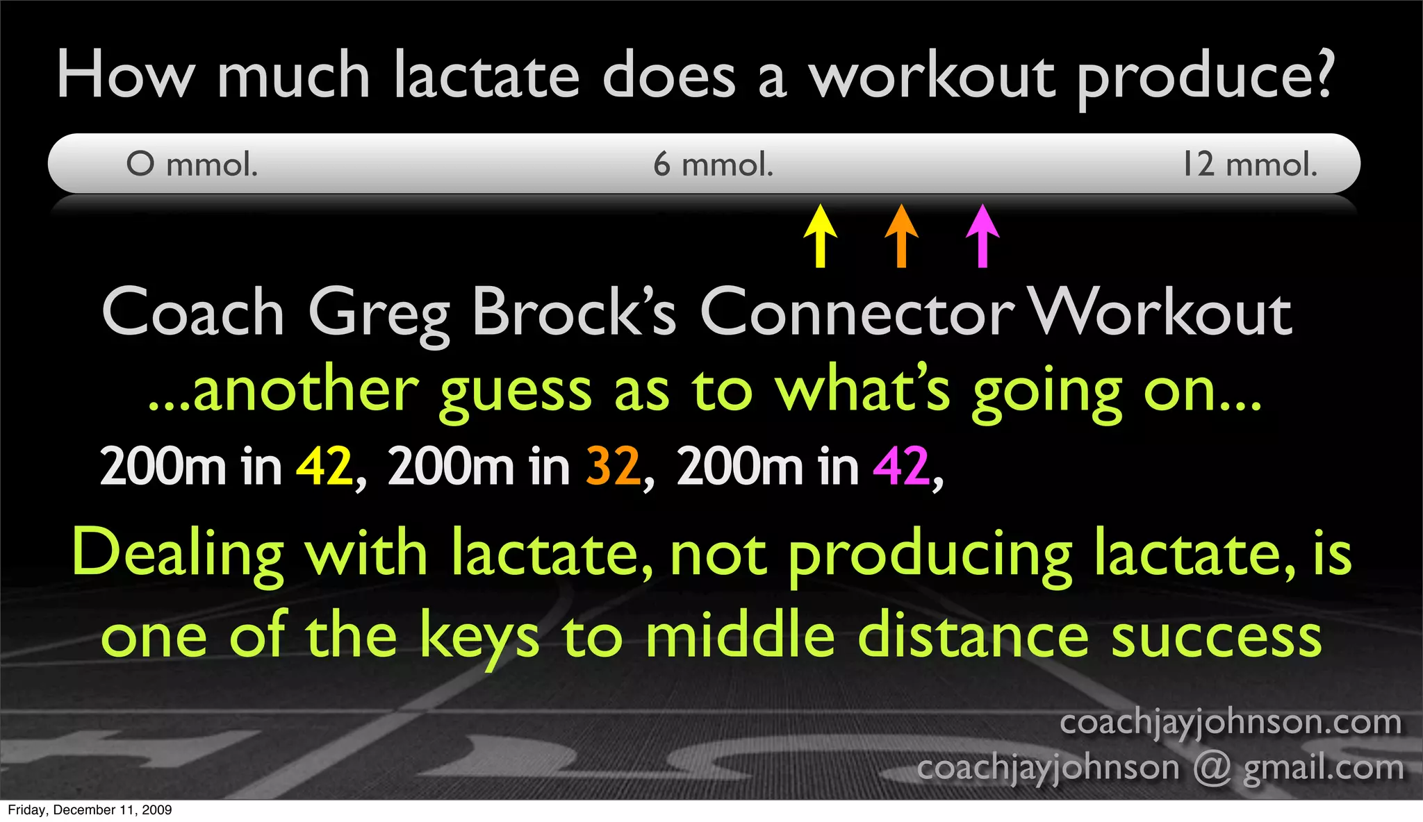 How much lactate does a workout produce?
                 O mmol.           6 mmol.                   12 mmol.



             Coach Greg Brock’s Connector Workout
              ...another guess as to what’s going on...
             200m in 42, 200m in 32, 200m in 42,
         Dealing with lactate, not producing lactate, is
          one of the keys to middle distance success
                                                       coachjayjohnson.com
                                              coachjayjohnson @ gmail.com
Friday, December 11, 2009
 