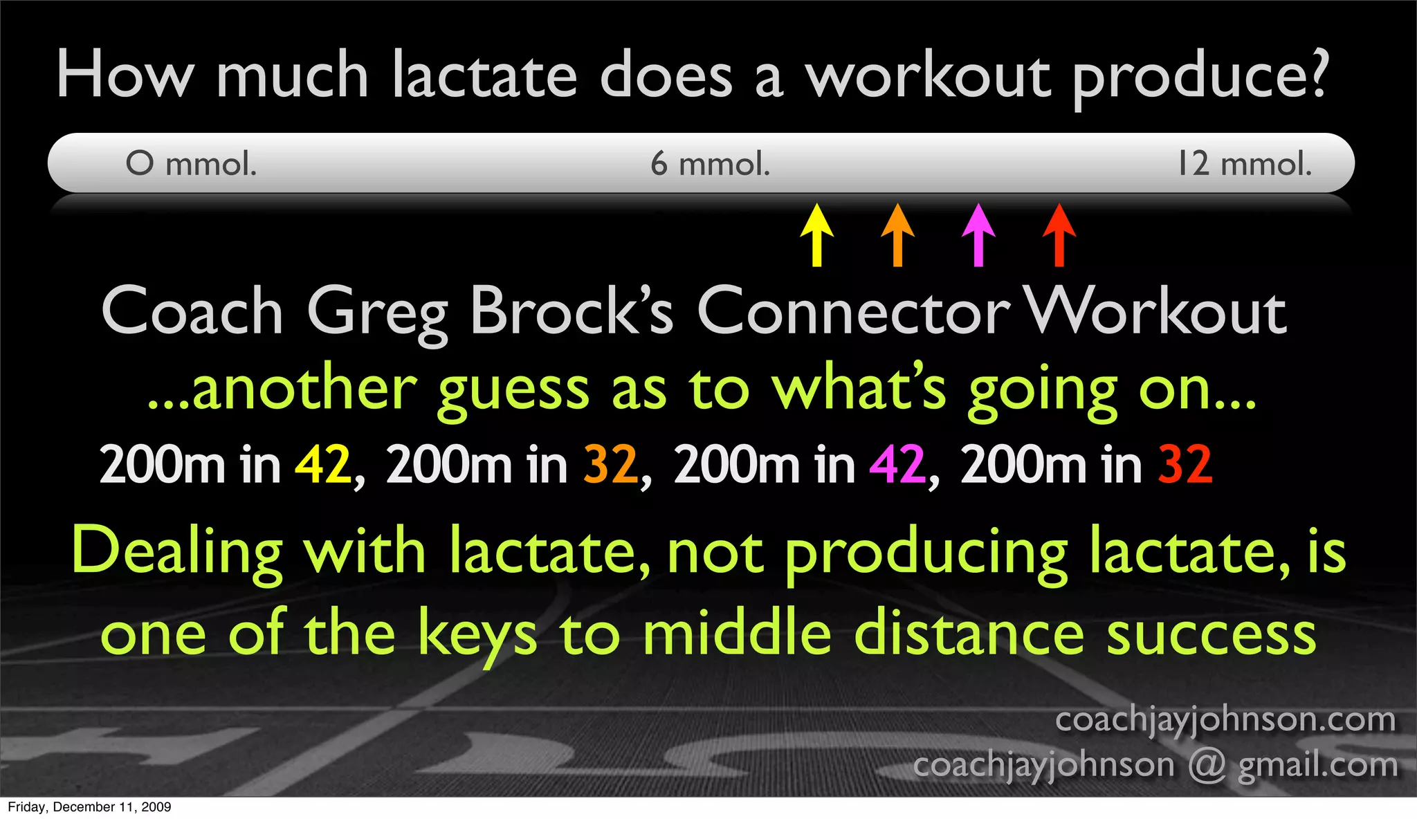 How much lactate does a workout produce?
                 O mmol.           6 mmol.                   12 mmol.



             Coach Greg Brock’s Connector Workout
              ...another guess as to what’s going on...
             200m in 42, 200m in 32, 200m in 42, 200m in 32
         Dealing with lactate, not producing lactate, is
          one of the keys to middle distance success
                                                       coachjayjohnson.com
                                              coachjayjohnson @ gmail.com
Friday, December 11, 2009
 