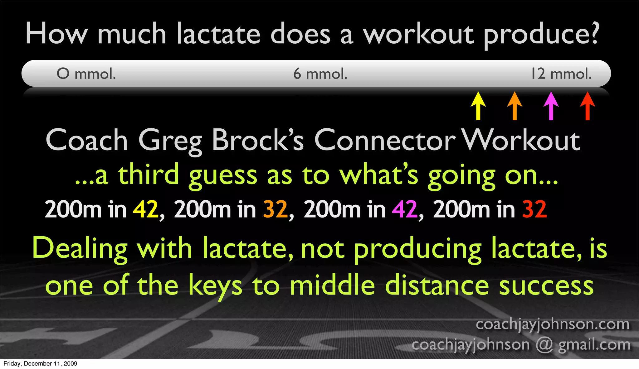 How much lactate does a workout produce?
                 O mmol.           6 mmol.                   12 mmol.



             Coach Greg Brock’s Connector Workout
              ...a third guess as to what’s going on...
             200m in 42, 200m in 32, 200m in 42, 200m in 32
         Dealing with lactate, not producing lactate, is
          one of the keys to middle distance success
                                                       coachjayjohnson.com
                                              coachjayjohnson @ gmail.com
Friday, December 11, 2009
 