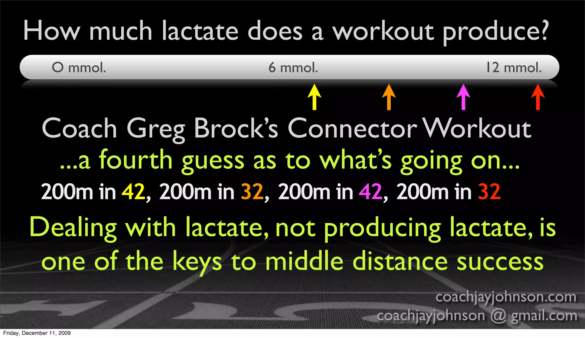 How much lactate does a workout produce?
                 O mmol.           6 mmol.                   12 mmol.



             Coach Greg Brock’s Connector Workout
              ...a fourth guess as to what’s going on...
             200m in 42, 200m in 32, 200m in 42, 200m in 32
         Dealing with lactate, not producing lactate, is
          one of the keys to middle distance success
                                                       coachjayjohnson.com
                                              coachjayjohnson @ gmail.com
Friday, December 11, 2009
 