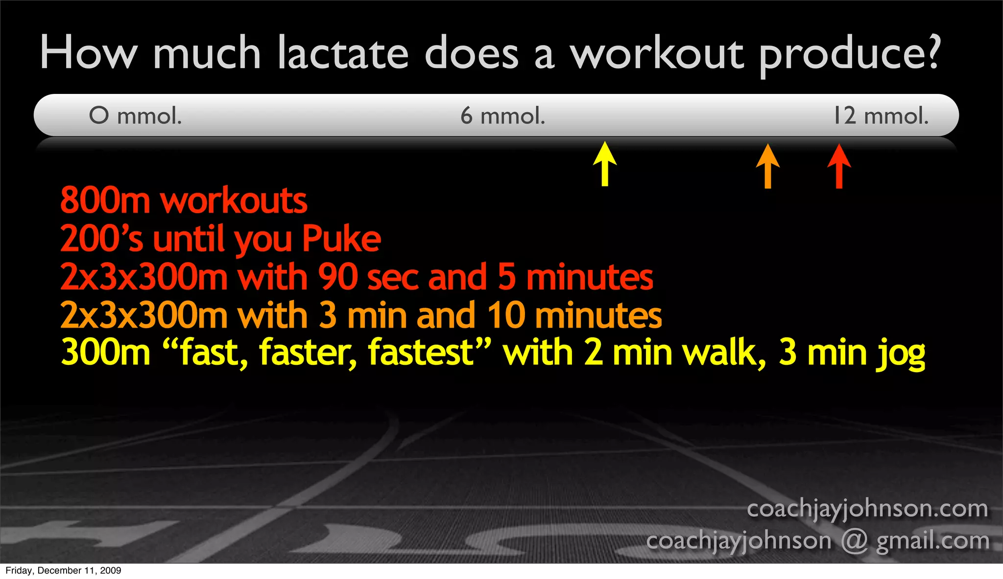 How much lactate does a workout produce?
                 O mmol.            6 mmol.                    12 mmol.


           800m workouts
           200’s until you Puke
           2x3x300m with 90 sec and 5 minutes
           2x3x300m with 3 min and 10 minutes
           300m “fast, faster, fastest” with 2 min walk, 3 min jog



                                                         coachjayjohnson.com
                                                coachjayjohnson @ gmail.com
Friday, December 11, 2009
 