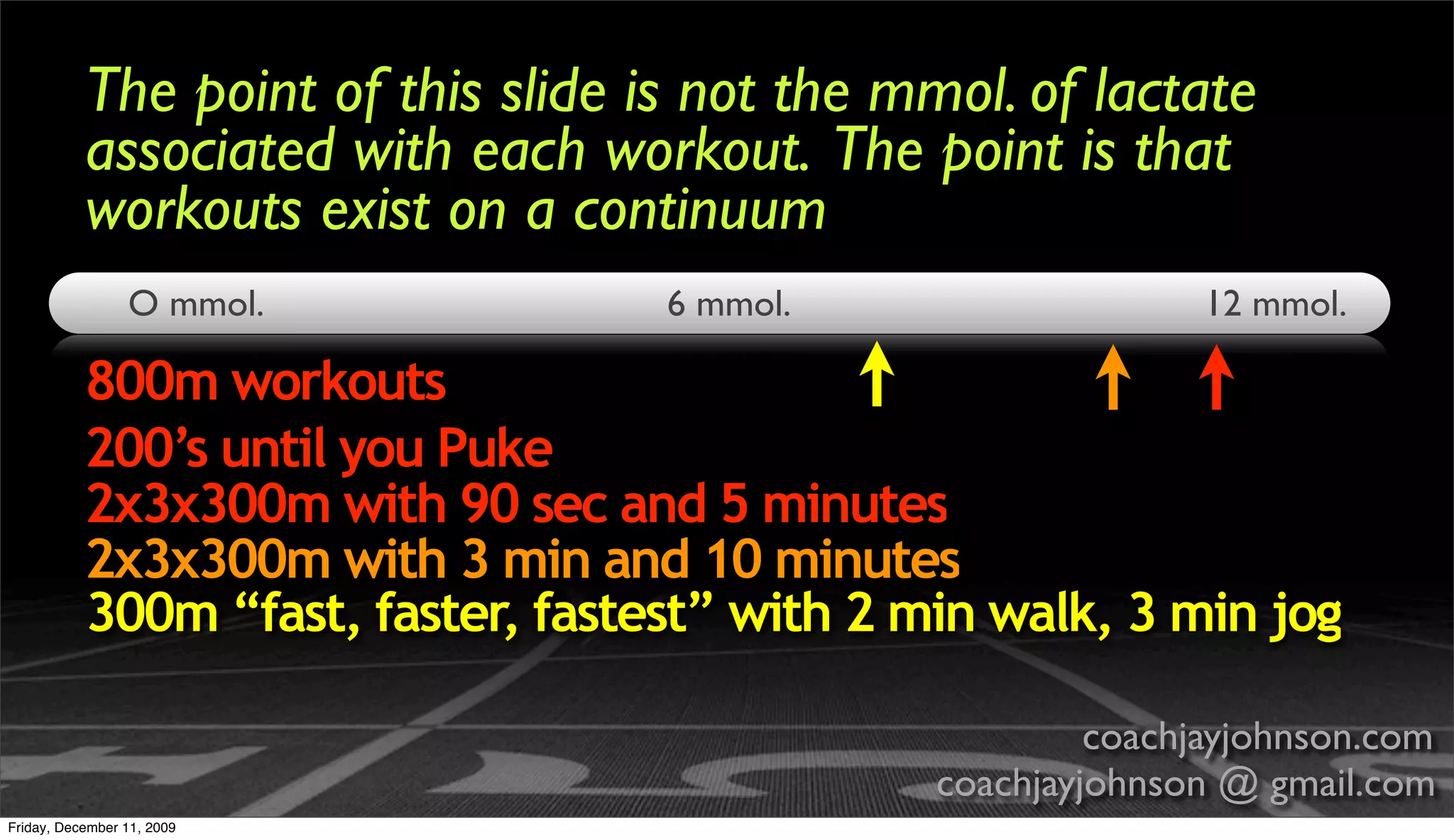 The point of this slide is not the mmol. of lactate
           associated with each workout. The point is that
           workouts exist on a continuum
                 O mmol.            6 mmol.                    12 mmol.

           800m workouts
           200’s until you Puke
           2x3x300m with 90 sec and 5 minutes
           2x3x300m with 3 min and 10 minutes
           300m “fast, faster, fastest” with 2 min walk, 3 min jog

                                                         coachjayjohnson.com
                                                coachjayjohnson @ gmail.com
Friday, December 11, 2009
 