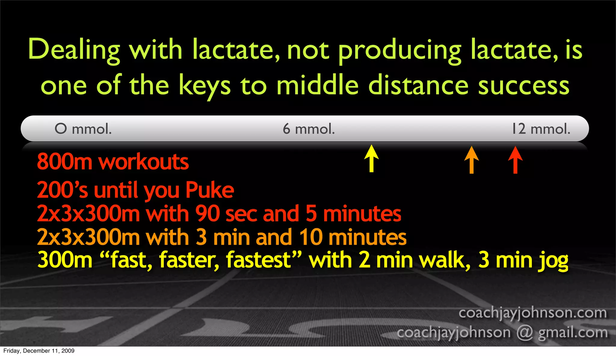 Dealing with lactate, not producing lactate, is
         one of the keys to middle distance success
                 O mmol.            6 mmol.                    12 mmol.

           800m workouts
           200’s until you Puke
           2x3x300m with 90 sec and 5 minutes
           2x3x300m with 3 min and 10 minutes
           300m “fast, faster, fastest” with 2 min walk, 3 min jog

                                                         coachjayjohnson.com
                                                coachjayjohnson @ gmail.com
Friday, December 11, 2009
 
