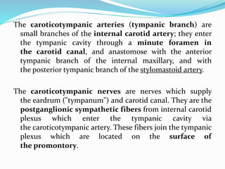 The caroticotympanic arteries (tympanic branch) are
small branches of the internal carotid artery; they enter
the tympanic cavity through a minute foramen in
the carotid canal, and anastomose with the anterior
tympanic branch of the internal maxillary, and with
the posterior tympanic branch of the stylomastoid artery.
The caroticotympanic nerves are nerves which supply
the eardrum ("tympanum") and carotid canal. They are the
postganglionic sympathetic fibers from internal carotid
plexus which enter the tympanic cavity via
the caroticotympanic artery. These fibers join the tympanic
plexus which are located on the surface of
the promontory.
 