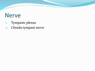 Nerve
1. Tympanic plexus
2. Chorda tympani nerve
 