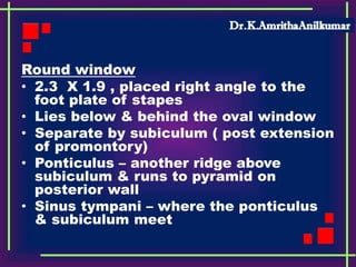 Round window
• 2.3 X 1.9 , placed right angle to the
foot plate of stapes
• Lies below & behind the oval window
• Separate by subiculum ( post extension
of promontory)
• Ponticulus – another ridge above
subiculum & runs to pyramid on
posterior wall
• Sinus tympani – where the ponticulus
& subiculum meet
 