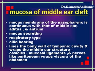 mucosa of middle ear cleft
• mucus membrane of the nasopharynx is
continuous with that of middle ear,
aditus , & antrum
• mucus secreting
• respiratory type
• cilia bearing
• lines the bony wall of tympanic cavity &
wraps the middle ear structure –
ossicles , mucosal ligaments ,& nerves
like peritoneum wraps viscera of the
abdomen
 