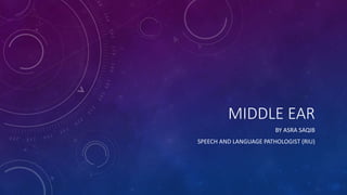MIDDLE EAR
BY ASRA SAQIB
SPEECH AND LANGUAGE PATHOLOGIST (RIU)
 