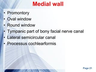 Page 21
Medial wall
• Promontory
• Oval window
• Round window
• Tympanic part of bony facial nerve canal
• Lateral semicircular canal
• Processus cochlearformis
 