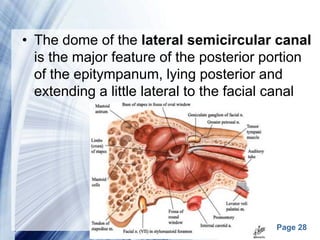 Page 28
• The dome of the lateral semicircular canal
is the major feature of the posterior portion
of the epitympanum, lying posterior and
extending a little lateral to the facial canal
 
