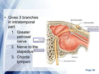 Page 50
• Gives 3 branches
in intratemporal
part.
1. Greater
petrosal
nerve
2. Nerve to the
stapedius
3. Chorda
tympani
 
